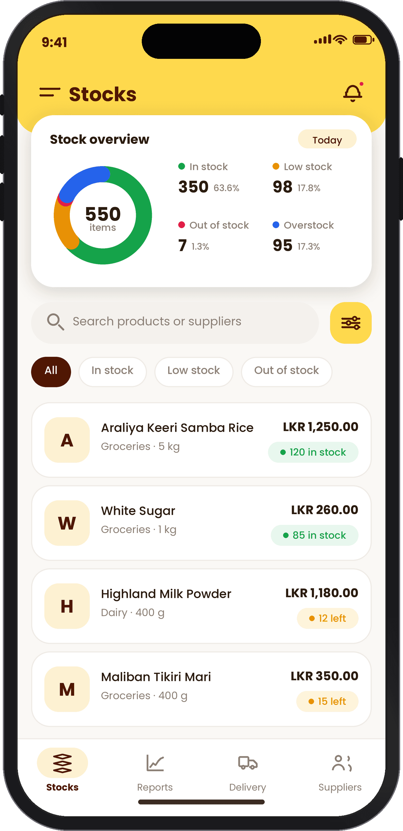 The InventiX stock screen: 550 items split into in stock, low stock, out of stock and overstock, above a searchable product list with prices and counts.