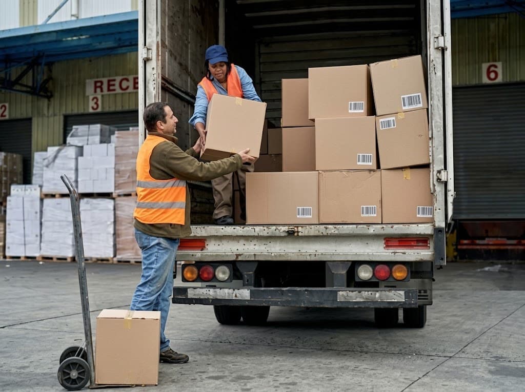 Two workers loading cartons into the back of a delivery lorry at a loading bay.